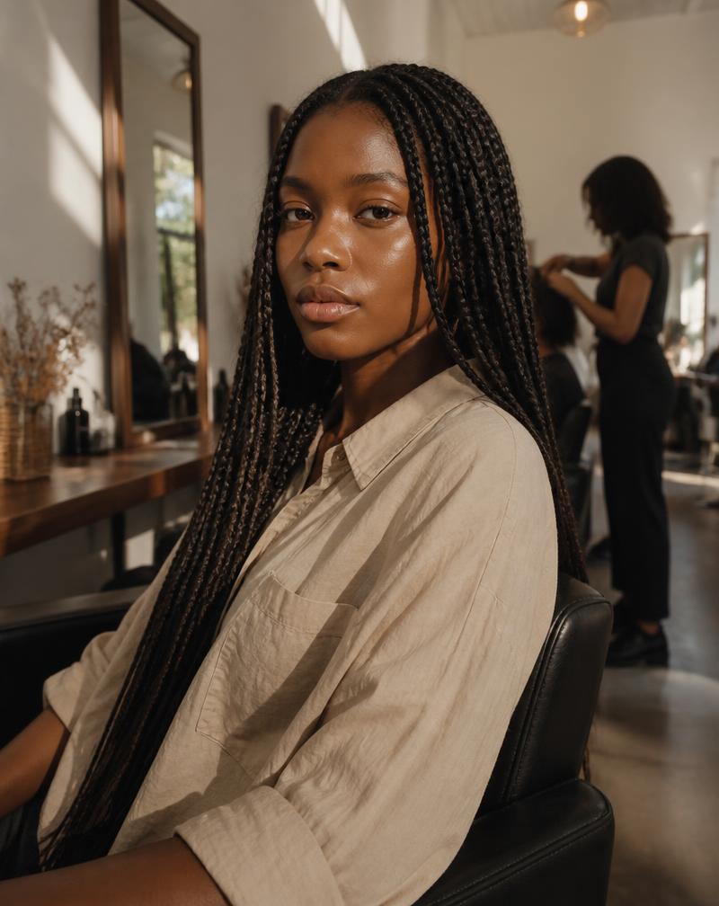 Client with long braids in a sunlit hair salon