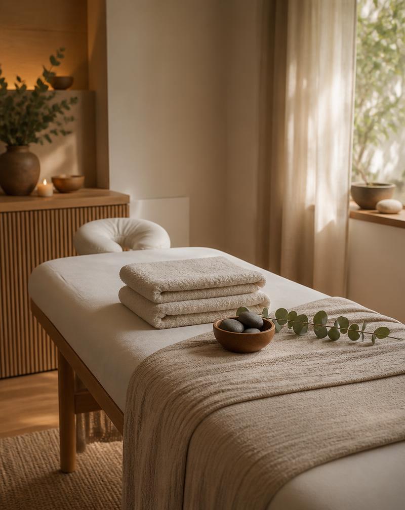 Massage table prepared in a warm wellness studio
